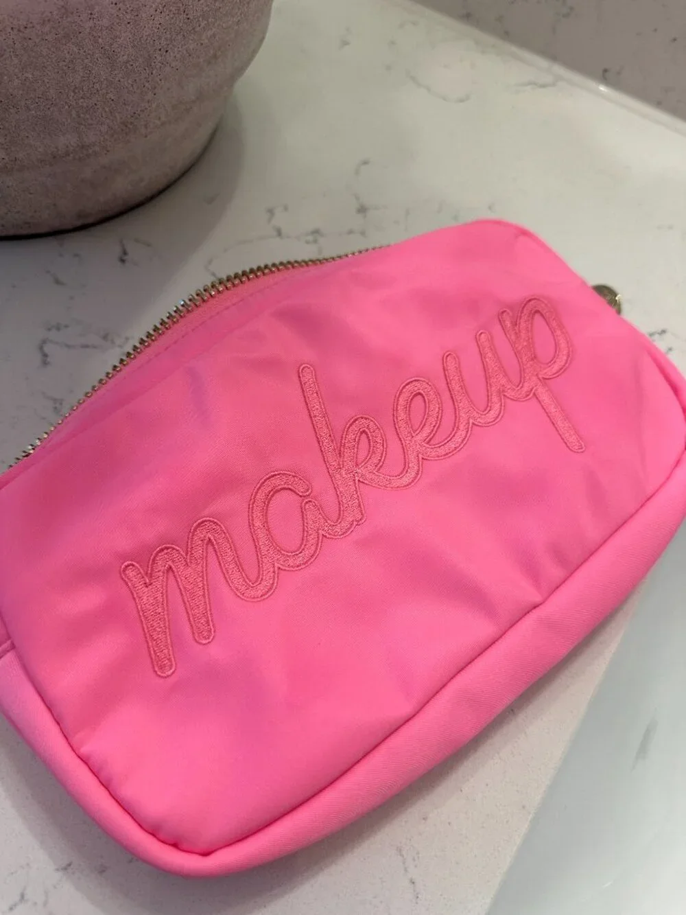 Stoney Clover Lane Makeup Embroidered Pouch in Bubblegum